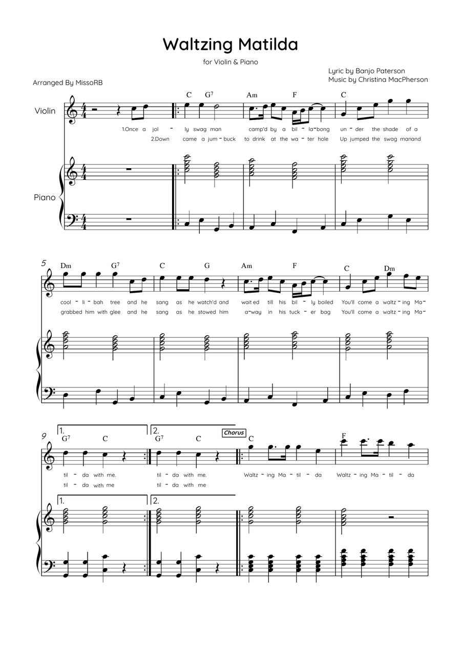 Waltzing Matilda - Violin & Piano in C Major With Lyrics & Chords Violin Solo scores gallery preview page 1