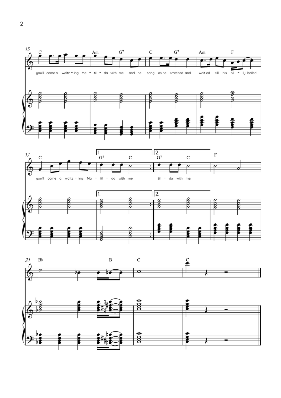 Waltzing Matilda - Violin & Piano in C Major With Lyrics & Chords Violin Solo scores gallery preview page 2
