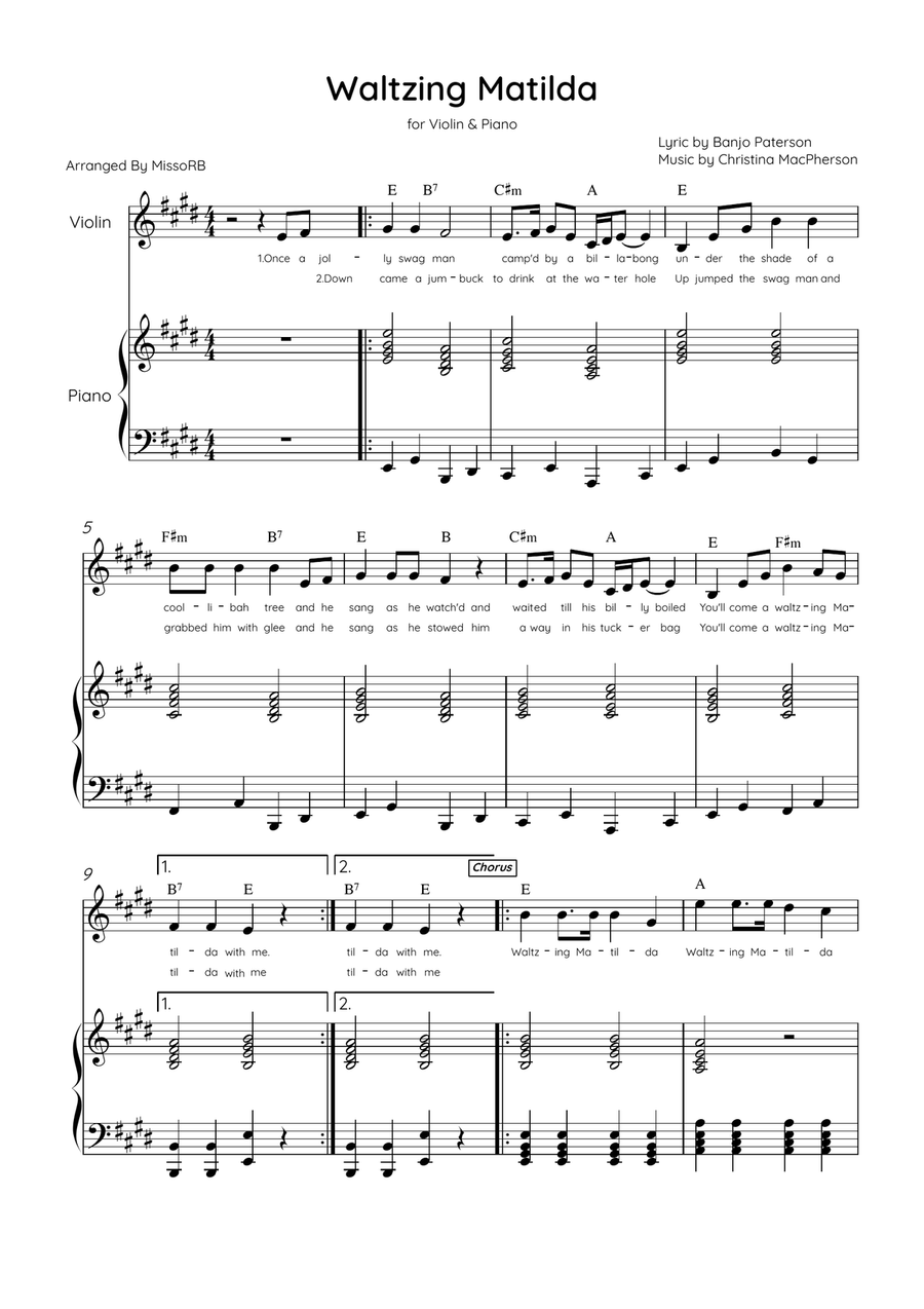 Waltzing Matilda - Alto Sax & Piano in E Major With Lyrics & Chords Alto Saxophone scores gallery preview page 1