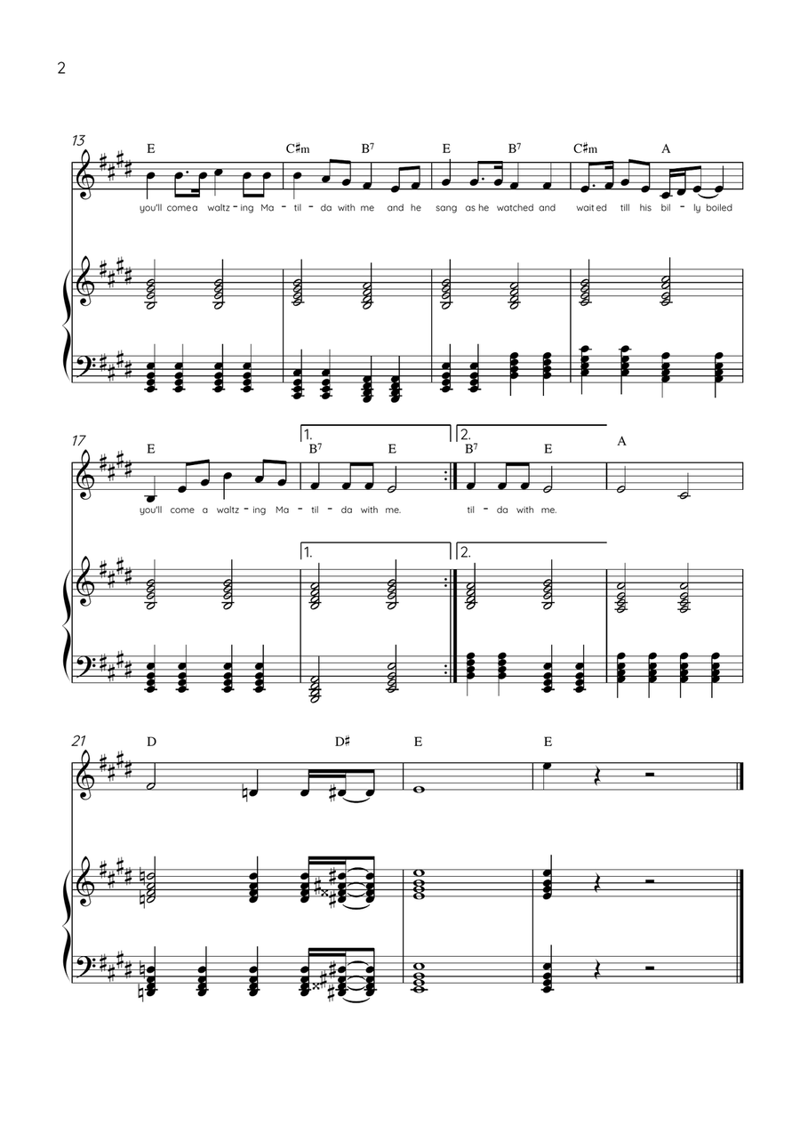 Waltzing Matilda - Alto Sax & Piano in E Major With Lyrics & Chords Alto Saxophone scores gallery preview page 2