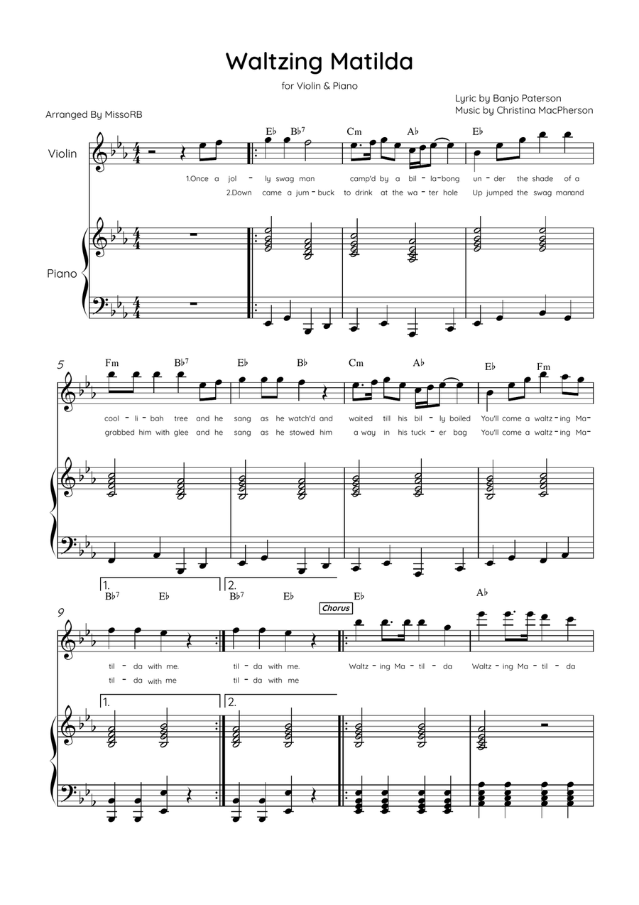 Waltzing Matilda - Alto Sax & Piano in Eb Major With Lyrics & Chords Alto Saxophone scores gallery preview page 1