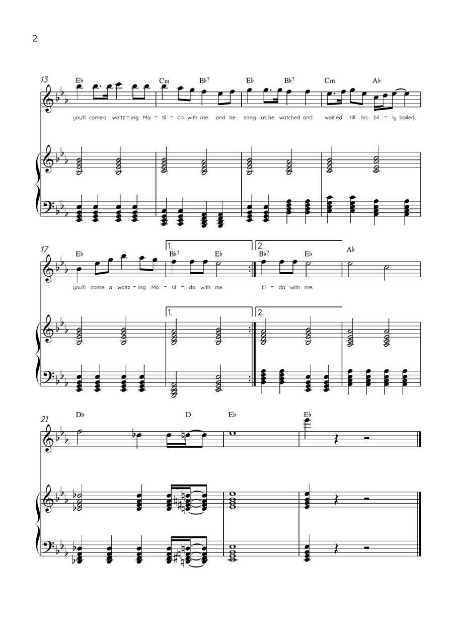Waltzing Matilda - Alto Sax & Piano in Eb Major With Lyrics & Chords Alto Saxophone scores gallery preview page 2
