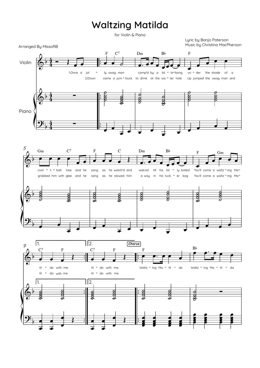 Waltzing Matilda - Alto Sax & Piano in F Major With Lyrics & Chords Alto Saxophone scores gallery preview page 1