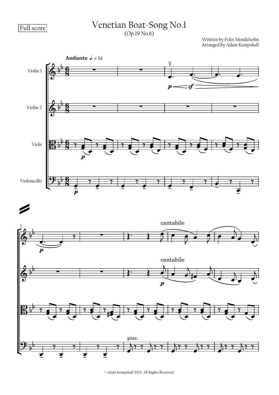 Venetian Boat Song No.1 (Op.19b No.6) String Quartet scores gallery preview page 2