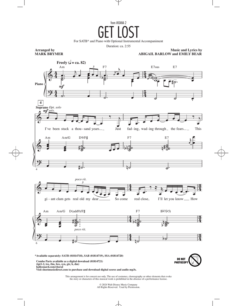 Get Lost (from Moana 2) (arr. Mark Brymer) 4-Part scores gallery preview page 1