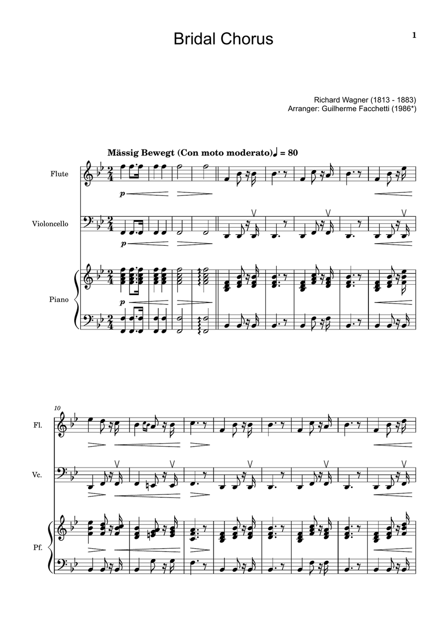 Bridal Chorus. R. Wagner - Flute, Cello and Piano. Score and Parts. Chamber Music scores gallery preview page 1