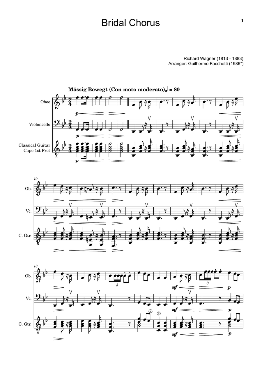 Bridal Chorus. R. Wagner - Oboe, Cello and Guitar. Score and Parts. Small Ensemble scores gallery preview page 1