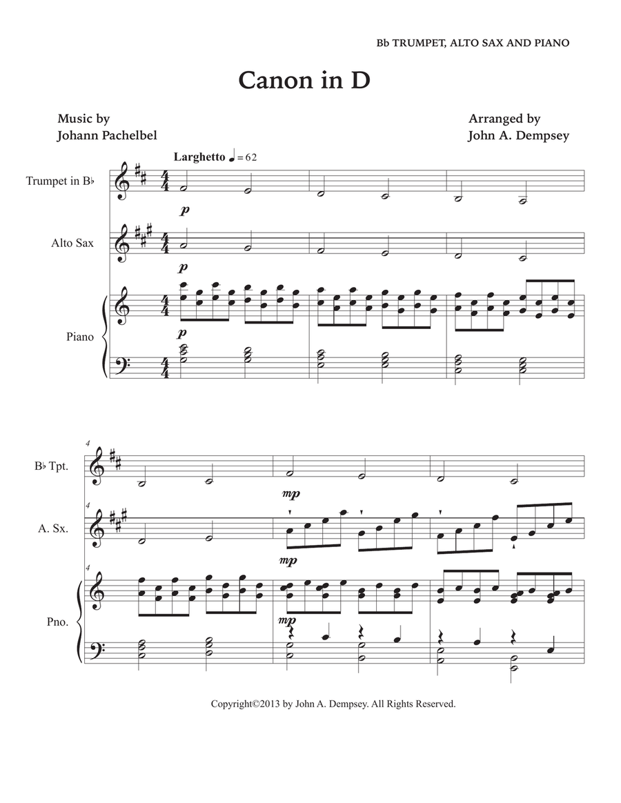Canon in D (Trio for Trumpet, Alto Sax and Piano) Small Ensemble scores gallery preview page 5