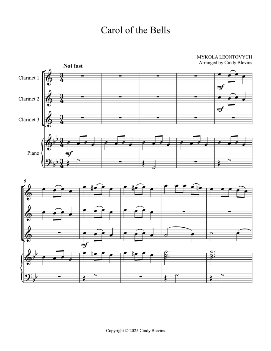 Carol Of the Bells, for Three Clarinets and Piano Small Ensemble scores gallery preview page 2