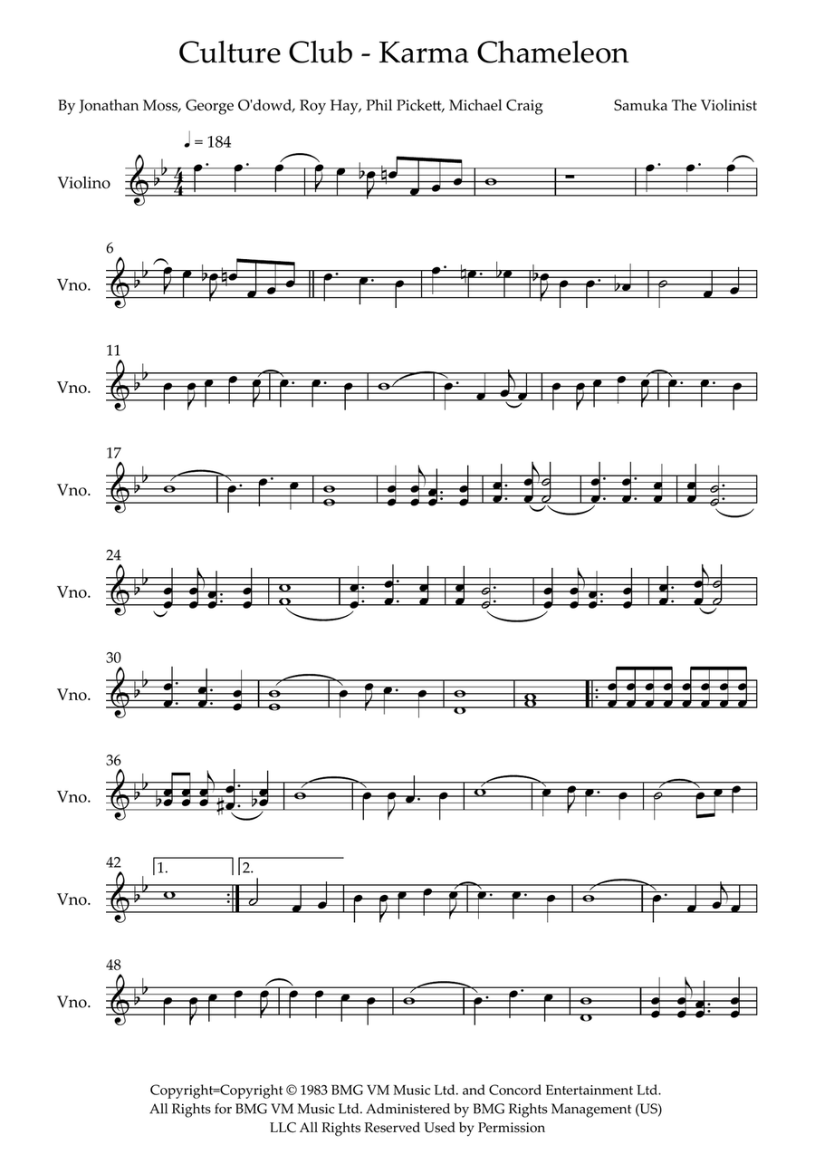 Karma Chameleon Karma Chameleon Violin Solo scores gallery preview page 1