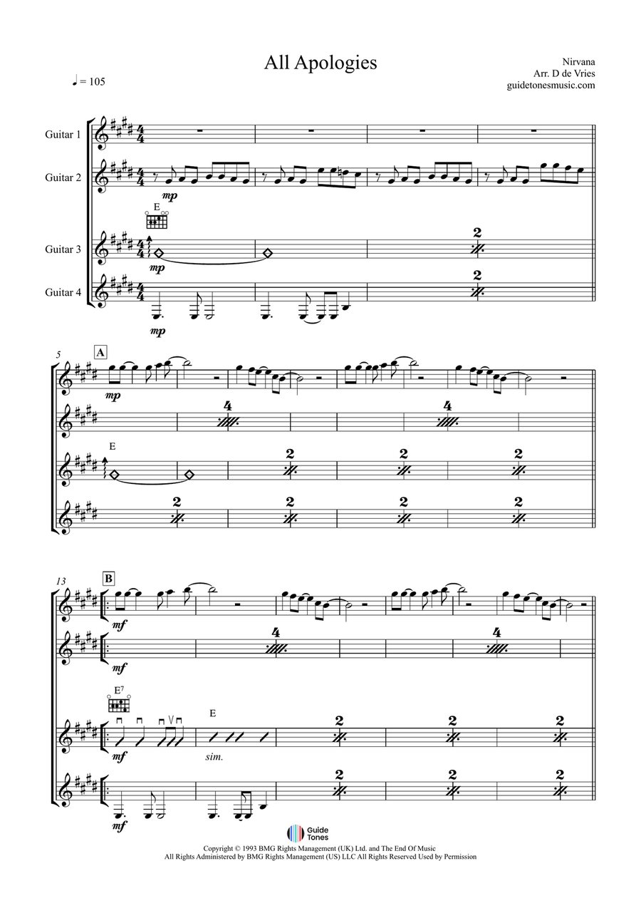 All Apologies All Apologies Guitar Ensemble scores gallery preview page 1