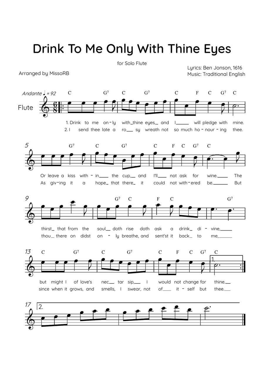 Drink To Me Only With Thine Eyes - Solo Flute in C Major With Lyrics & Chords Flute Solo scores gallery preview page 1
