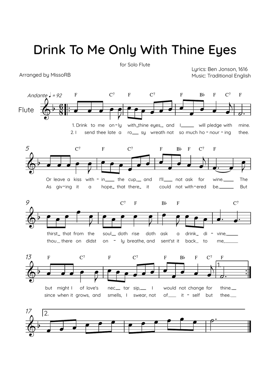 Drink To Me Only With Thine Eyes - Solo Flute in F Major With Lyrics & Chords Flute Solo scores gallery preview page 1