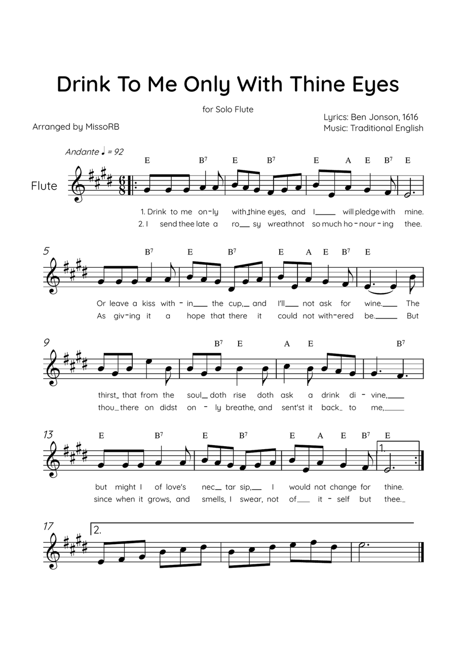 Drink To Me Only With Thine Eyes - Solo Flute in E Major With Lyrics & Chords Flute Solo scores gallery preview page 1