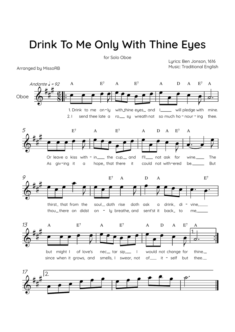 Drink To Me Only With Thine Eyes - Solo Oboe in A Major With Lyrics & Chords Oboe Solo scores gallery preview page 1