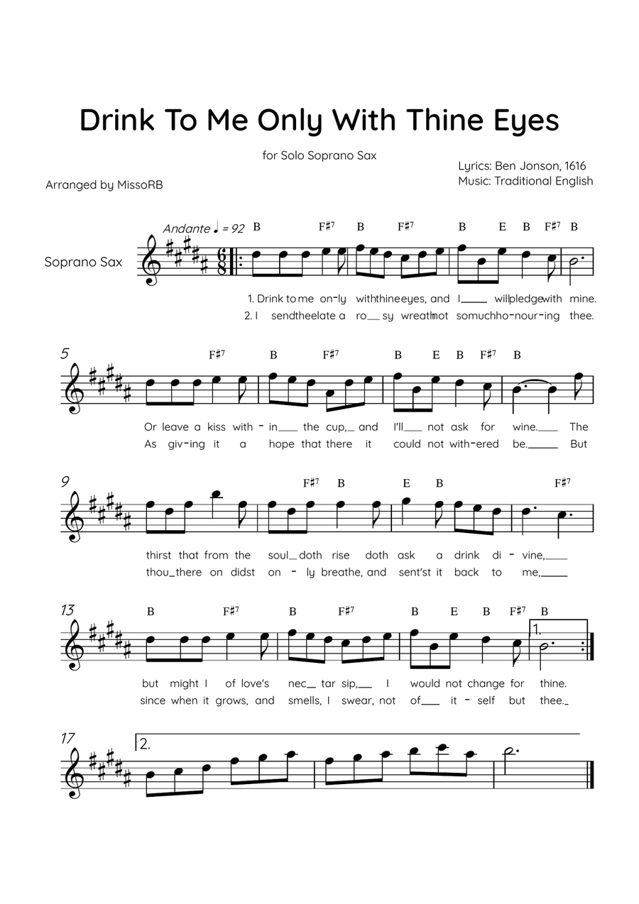 Drink To Me Only With Thine Eyes - Solo Soprano Sax in A Major With Lyrics & Chords Soprano Saxophone scores gallery preview page 1