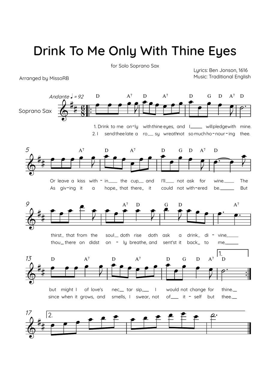Drink To Me Only With Thine Eyes - Solo Soprano Sax in C Major With Lyrics & Chords Soprano Saxophone scores gallery preview page 1