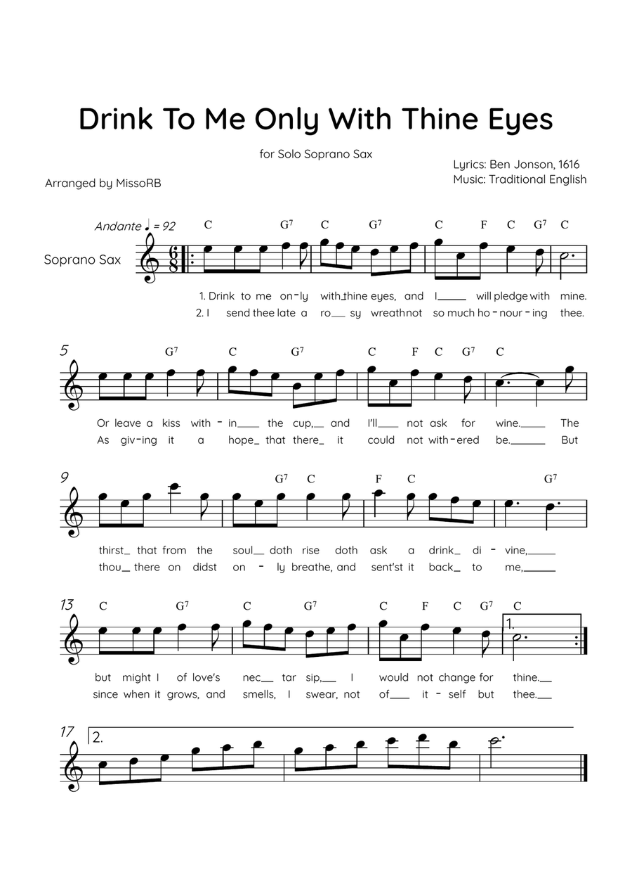 Drink To Me Only With Thine Eyes - Solo Soprano Sax in Bb Major With Lyrics & Chords Soprano Saxophone scores gallery preview page 1
