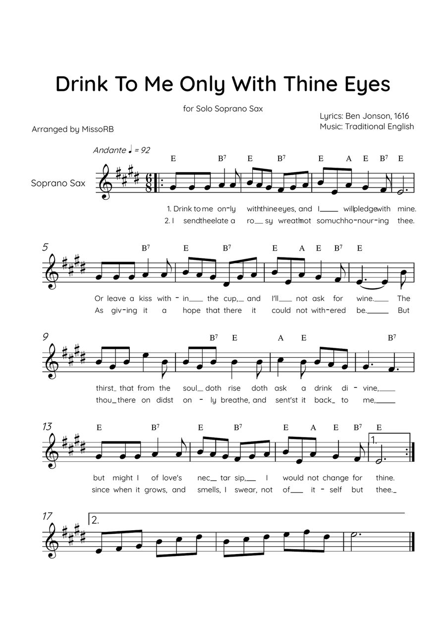Drink To Me Only With Thine Eyes - Solo Soprano Sax in D Major With Lyrics & Chords Soprano Saxophone scores gallery preview page 1