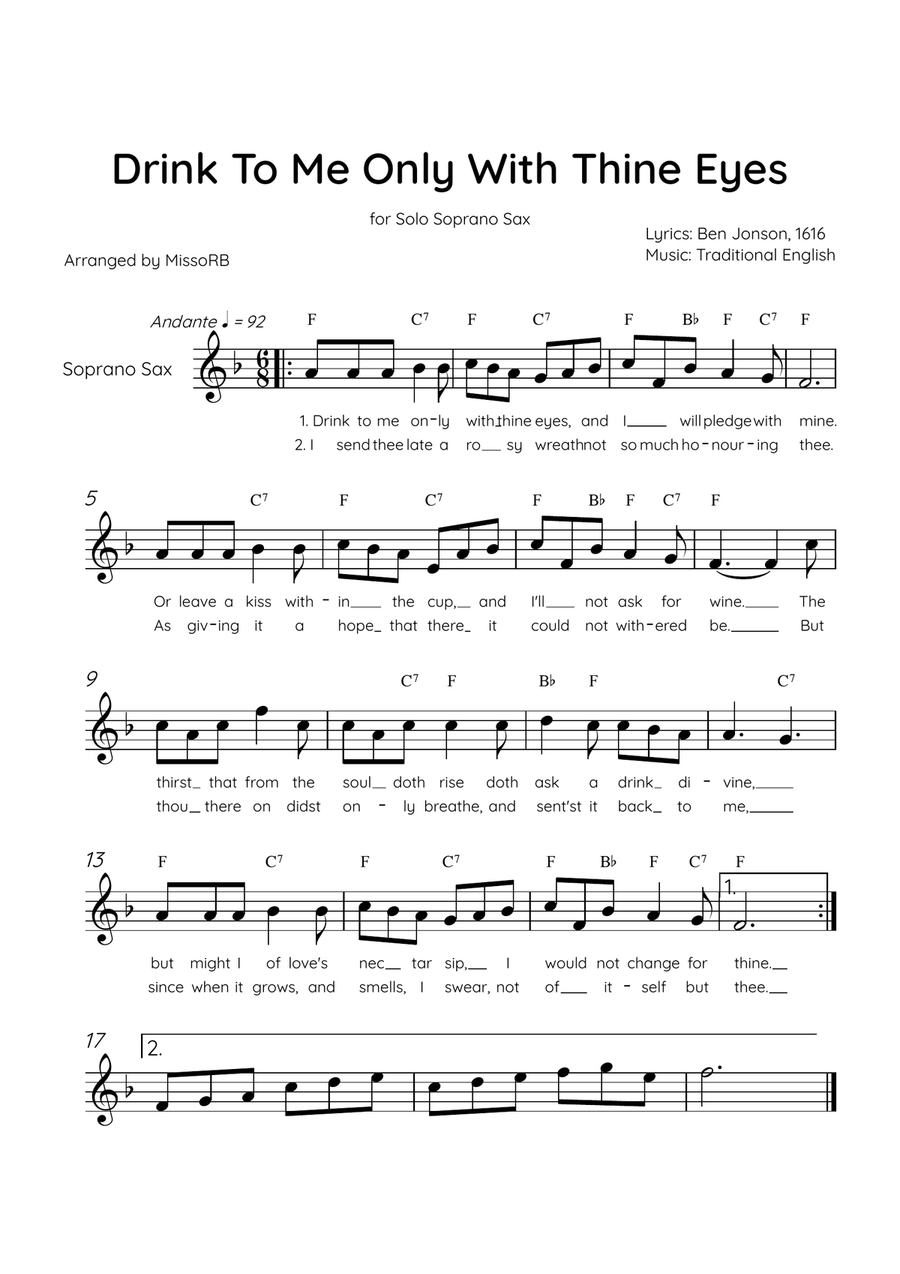 Drink To Me Only With Thine Eyes - Solo Soprano Sax in Eb Major With Lyrics & Chords Soprano Saxophone scores gallery preview page 1