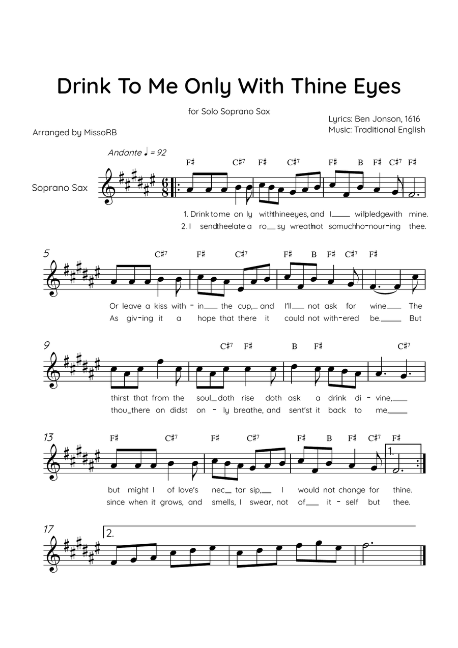 Drink To Me Only With Thine Eyes - Solo Soprano Sax in E Major With Lyrics & Chords Soprano Saxophone scores gallery preview page 1