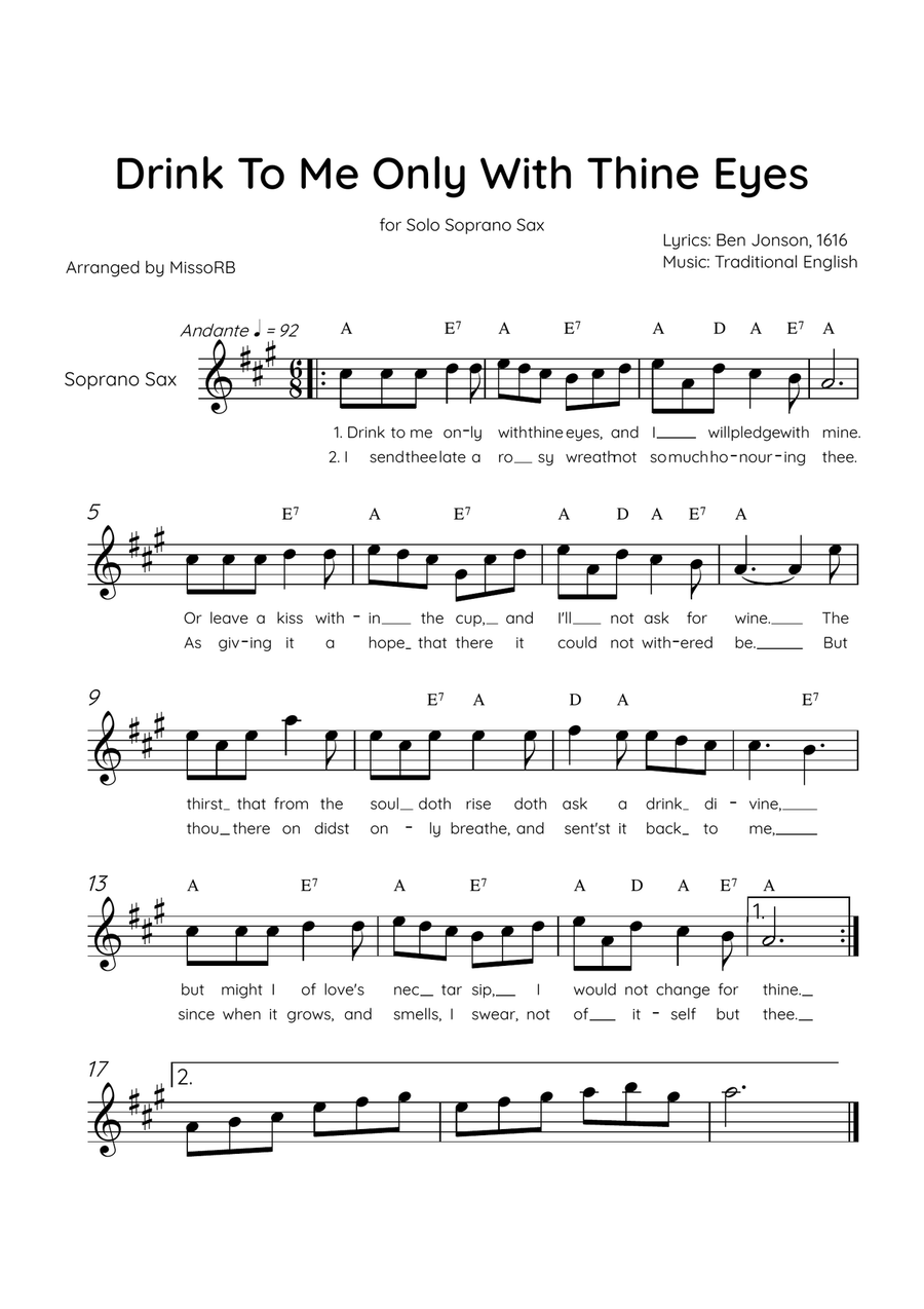 Drink To Me Only With Thine Eyes - Solo Soprano Sax in G Major With Lyrics & Chords Soprano Saxophone scores gallery preview page 1