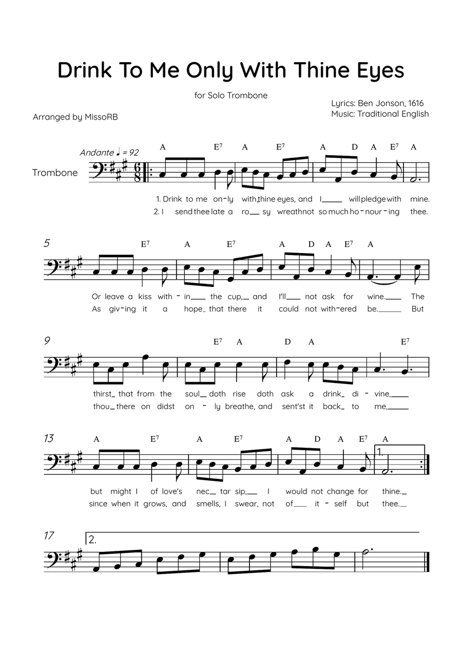 Drink To Me Only With Thine Eyes - Solo Trombone in A Major With Lyrics & Chords Trombone Solo scores gallery preview page 1