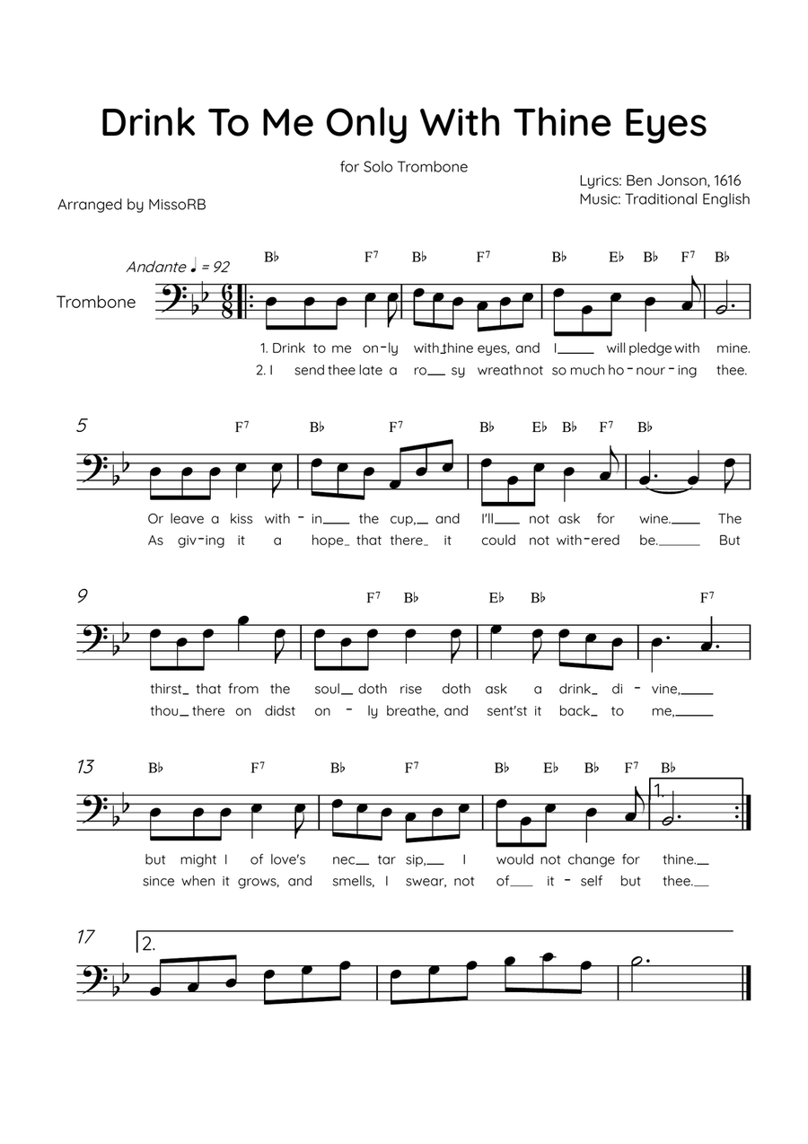 Drink To Me Only With Thine Eyes - Solo Trombone in Bb Major With Lyrics & Chords Trombone Solo scores gallery preview page 1