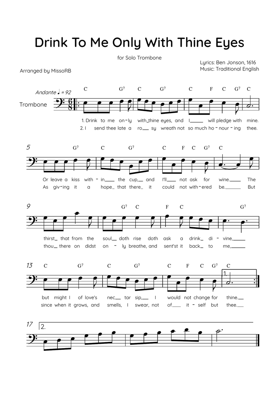 Drink To Me Only With Thine Eyes - Solo Trombone in C Major With Lyrics & Chords Trombone Solo scores gallery preview page 1