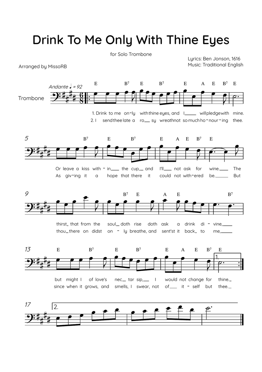 Drink To Me Only With Thine Eyes - Solo Trombone in E Major With Lyrics & Chords Trombone Solo scores gallery preview page 1