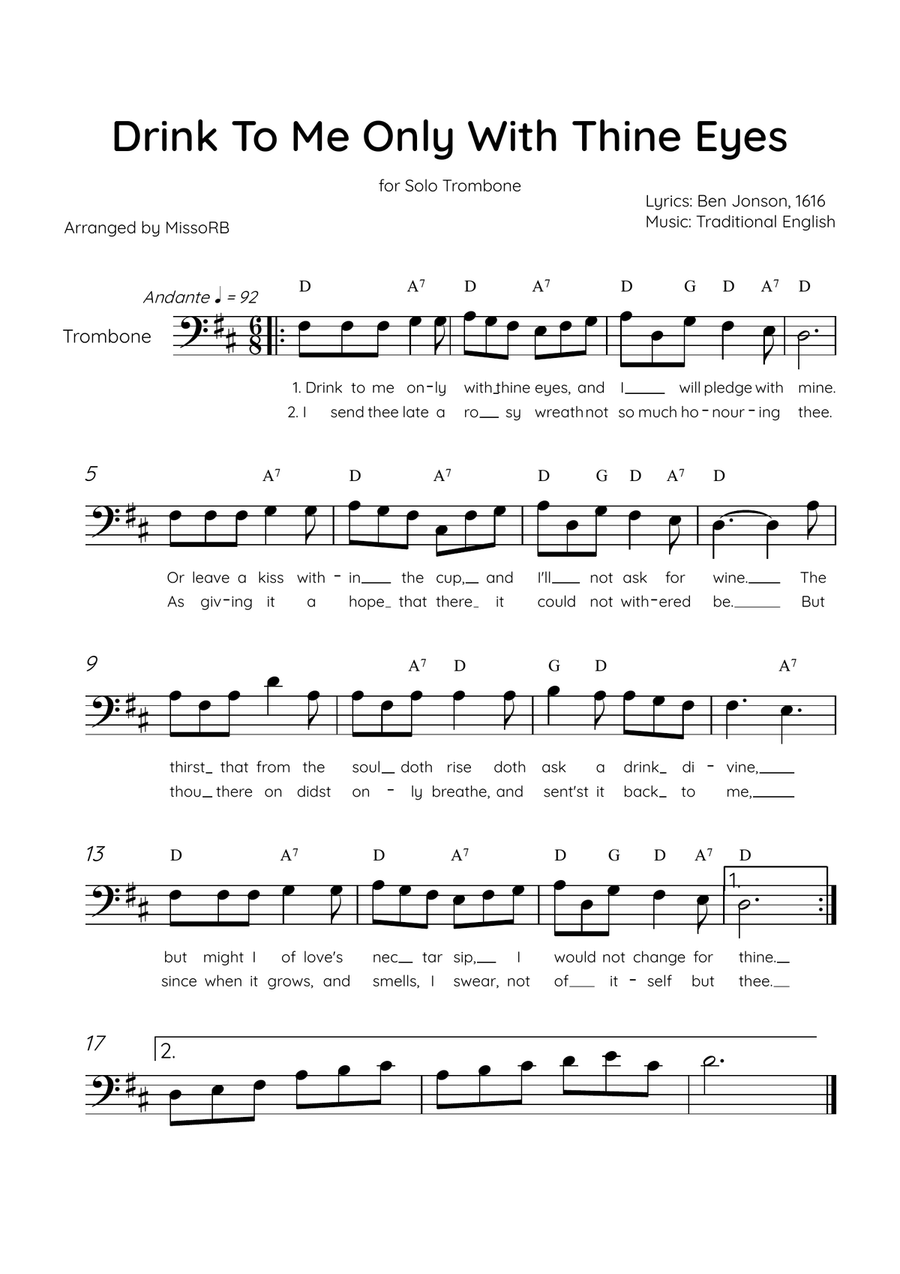 Drink To Me Only With Thine Eyes - Solo Trombone in D Major With Lyrics & Chords Trombone Solo scores gallery preview page 1