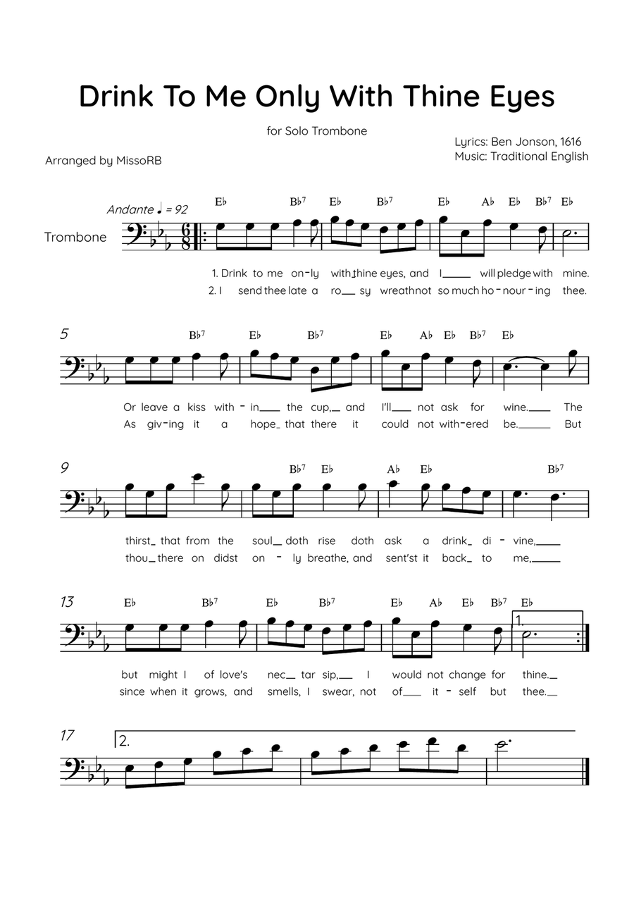 Drink To Me Only With Thine Eyes - Solo Trombone in Eb Major With Lyrics & Chords Trombone Solo scores gallery preview page 1