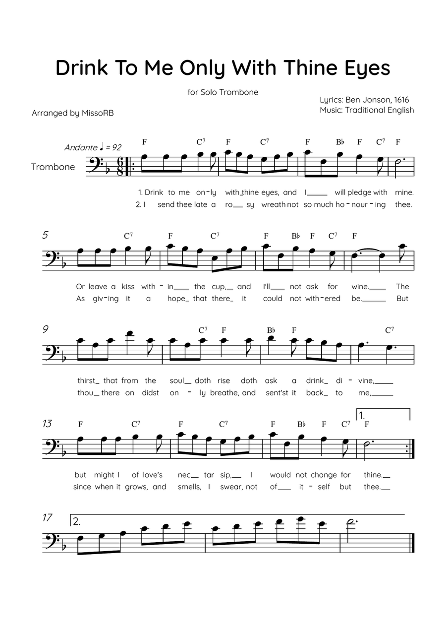Drink To Me Only With Thine Eyes - Solo Trombone in F Major With Lyrics & Chords Trombone Solo scores gallery preview page 1