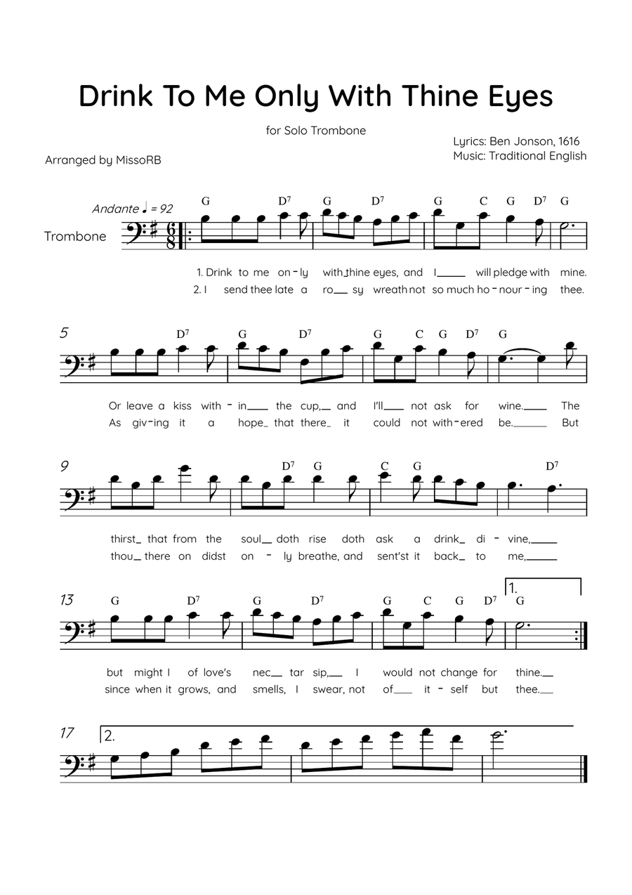 Drink To Me Only With Thine Eyes - Solo Trombone in G Major With Lyrics & Chords Trombone Solo scores gallery preview page 1