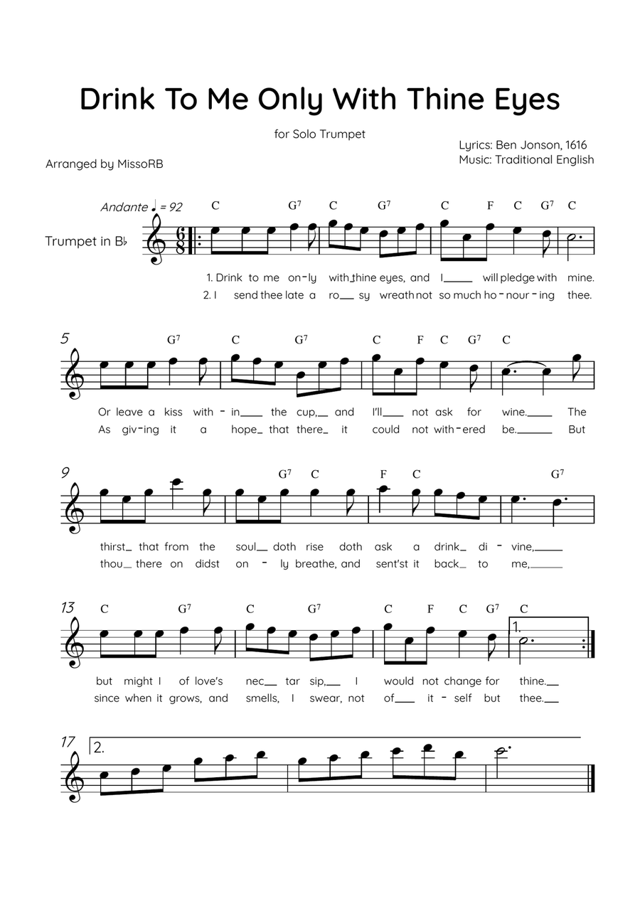 Drink To Me Only With Thine Eyes - Solo Trumpet in Bb Major With Lyrics & Chords B-Flat Trumpet scores gallery preview page 1
