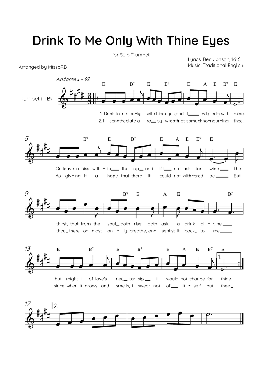 Drink To Me Only With Thine Eyes - Solo Trumpet in D Major With Lyrics & Chords Trumpet Solo scores gallery preview page 1