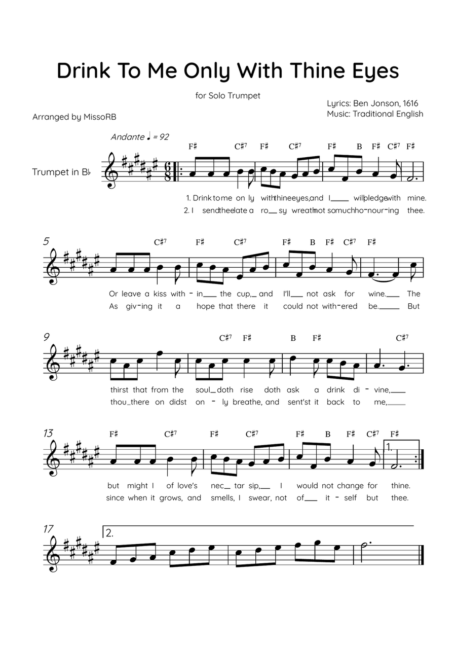 Drink To Me Only With Thine Eyes - Solo Trumpet in E Major With Lyrics & Chords Trumpet Solo scores gallery preview page 1