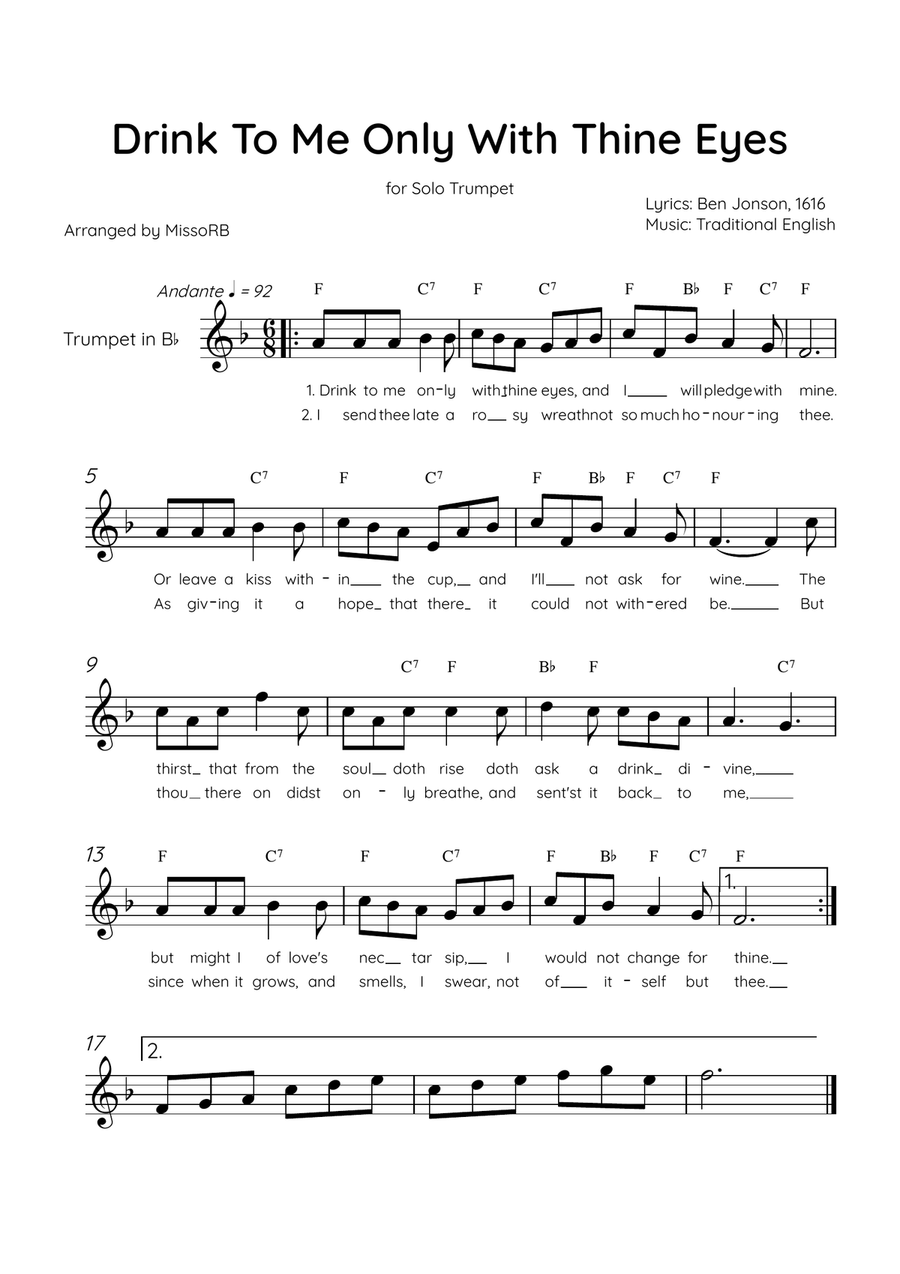 Drink To Me Only With Thine Eyes - Solo Trumpet in Eb Major With Lyrics & Chords Trumpet Solo scores gallery preview page 1