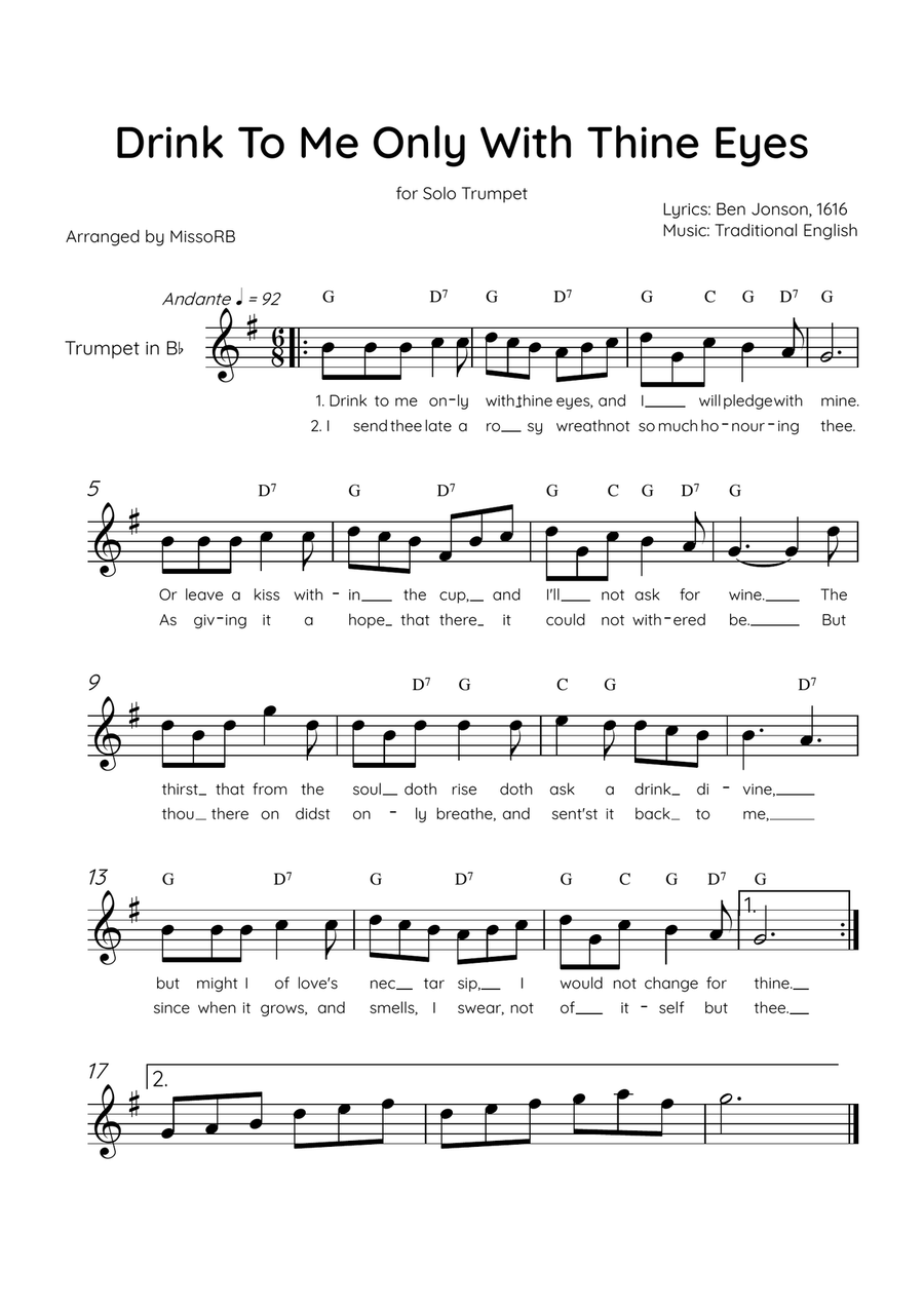 Drink To Me Only With Thine Eyes - Solo Trumpet in F Major With Lyrics & Chords Trumpet Solo scores gallery preview page 1