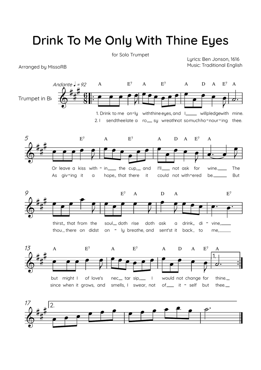 Drink To Me Only With Thine Eyes - Solo Trumpet in G Major With Lyrics & Chords Trumpet Solo scores gallery preview page 1