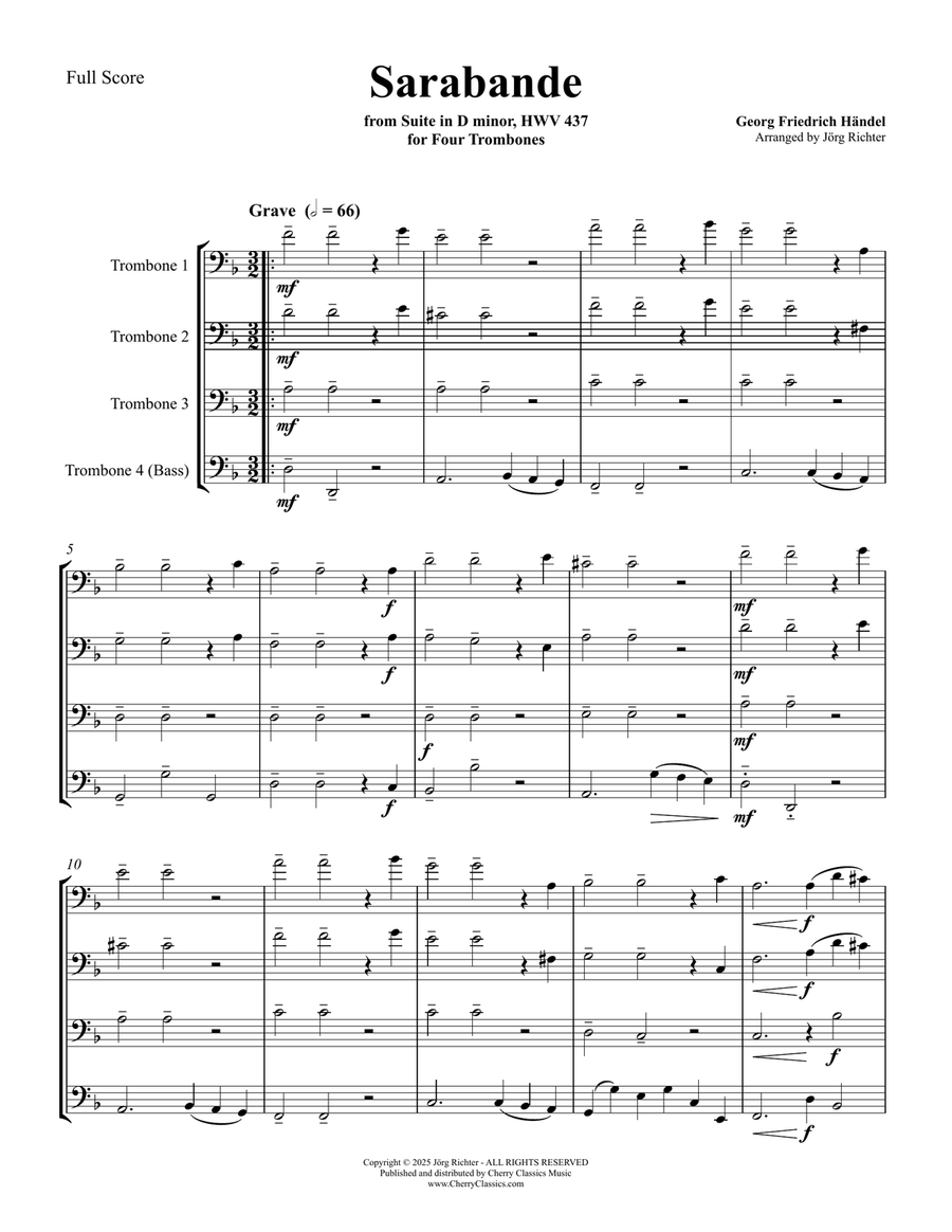 Sarabande from Suite in D minor for Four Trombones Brass Quartet scores gallery preview page 1