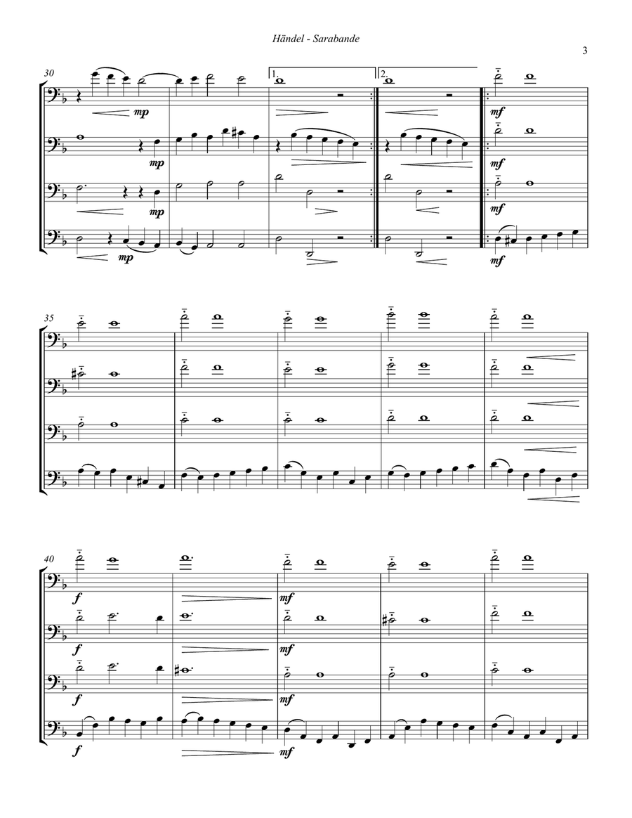 Sarabande from Suite in D minor for Four Trombones Brass Quartet scores gallery preview page 3