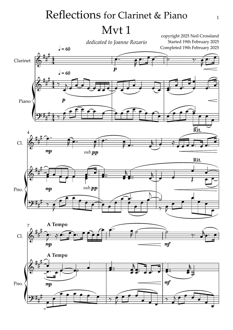 Reflections for Clarinet and Piano Op 72 - Five Movements (B flat & A Parts included) B-Flat Clarinet scores gallery preview page 3