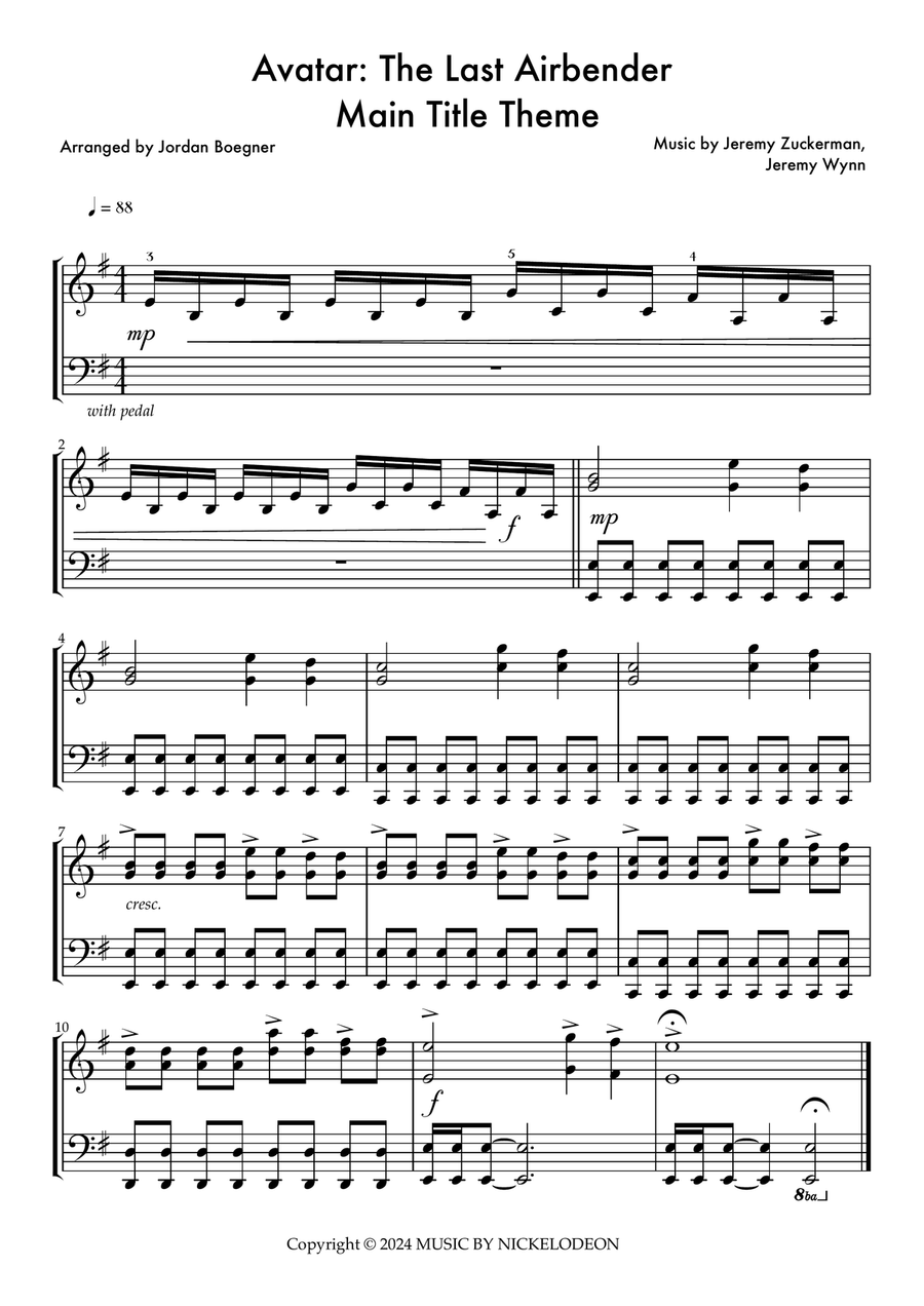 Avatar: The Last Airbender - Main Title Theme Piano Solo scores gallery preview page 1