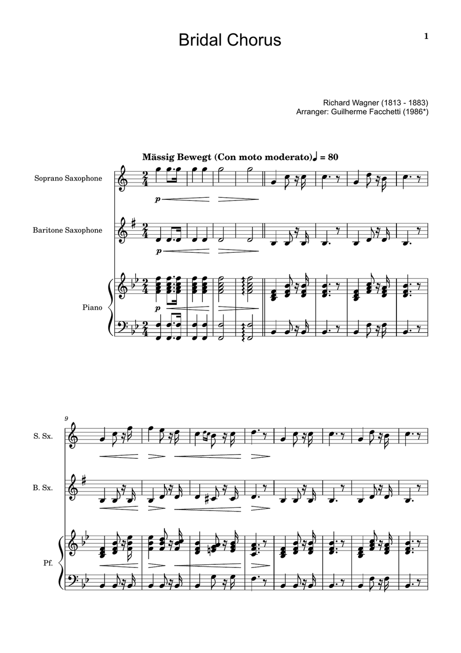 Bridal Chorus. R. Wagner - S. Sax., B. Sax. and Piano. Score and Parts. Woodwind Duet scores gallery preview page 1