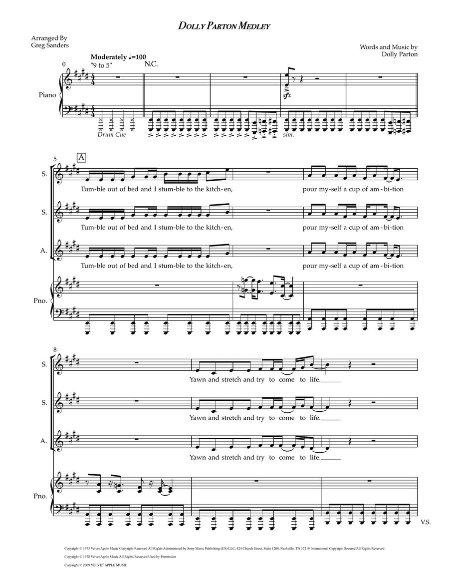 Medley: Jolene with Baby I'm Burning and 9 To 5 Finale SSA scores gallery preview page 1