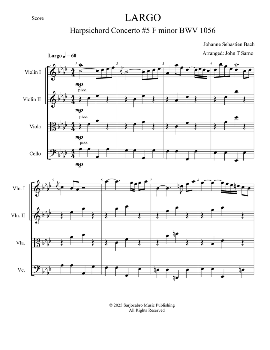 Largo, from Harpsichord Concerto #5 in F minor String Quartet scores gallery preview page 1