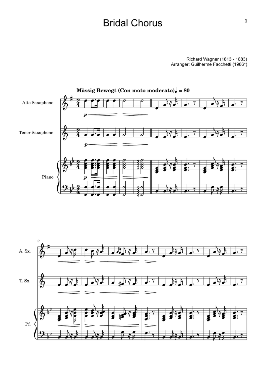Bridal Chorus. R. Wagner - A. Sax., T. Sax. and Piano. Score and Parts. Woodwind Duet scores gallery preview page 1