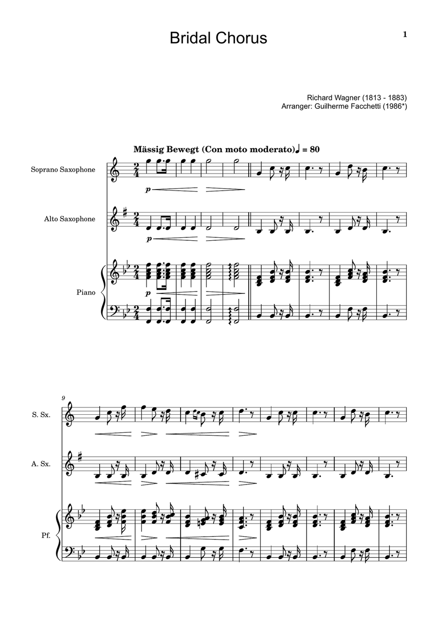 Bridal Chorus. R. Wagner - S. Sax., A. Sax. and Piano. Score and Parts. Woodwind Duet scores gallery preview page 1