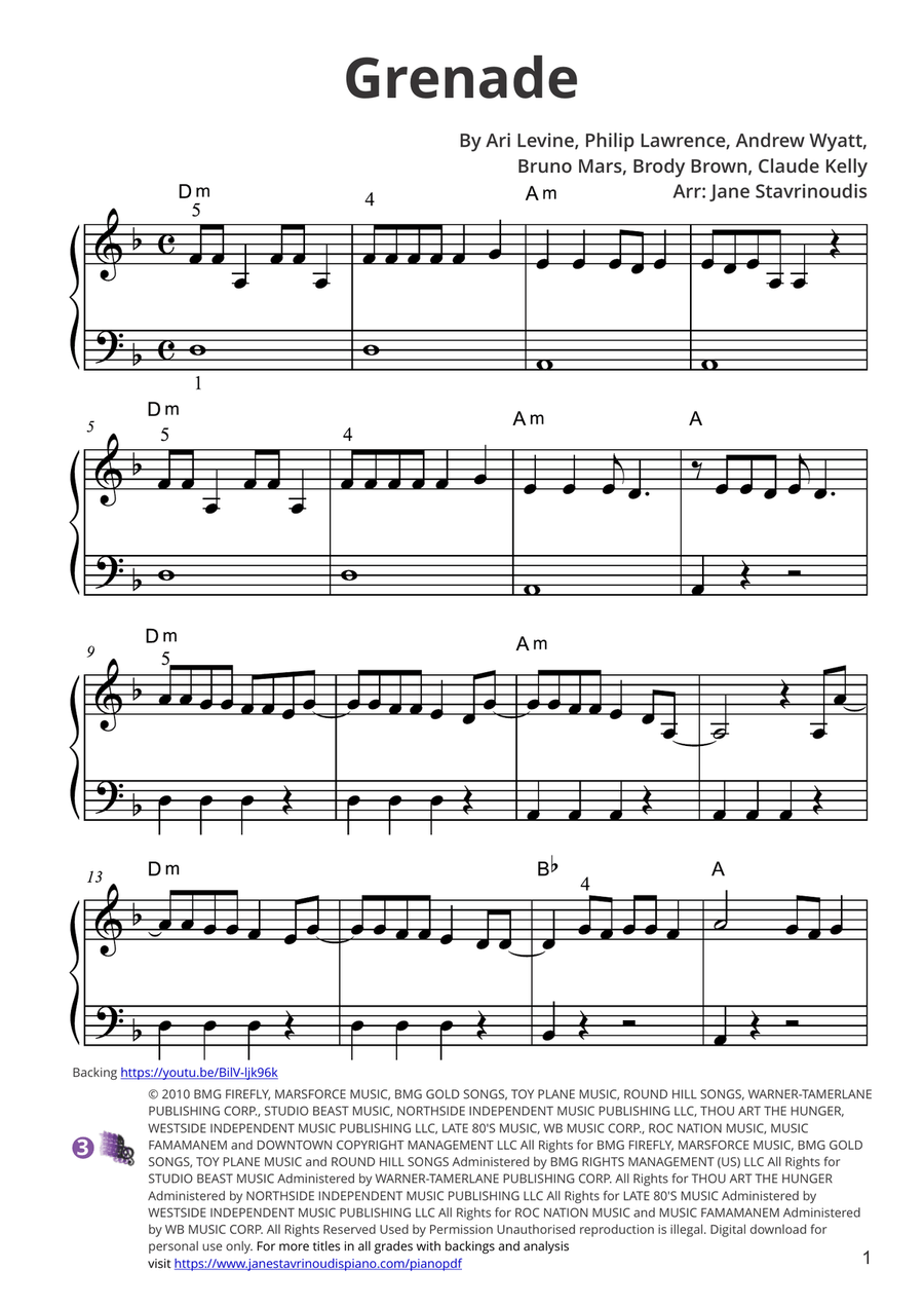 Grenade Piano Solo scores gallery preview page 1
